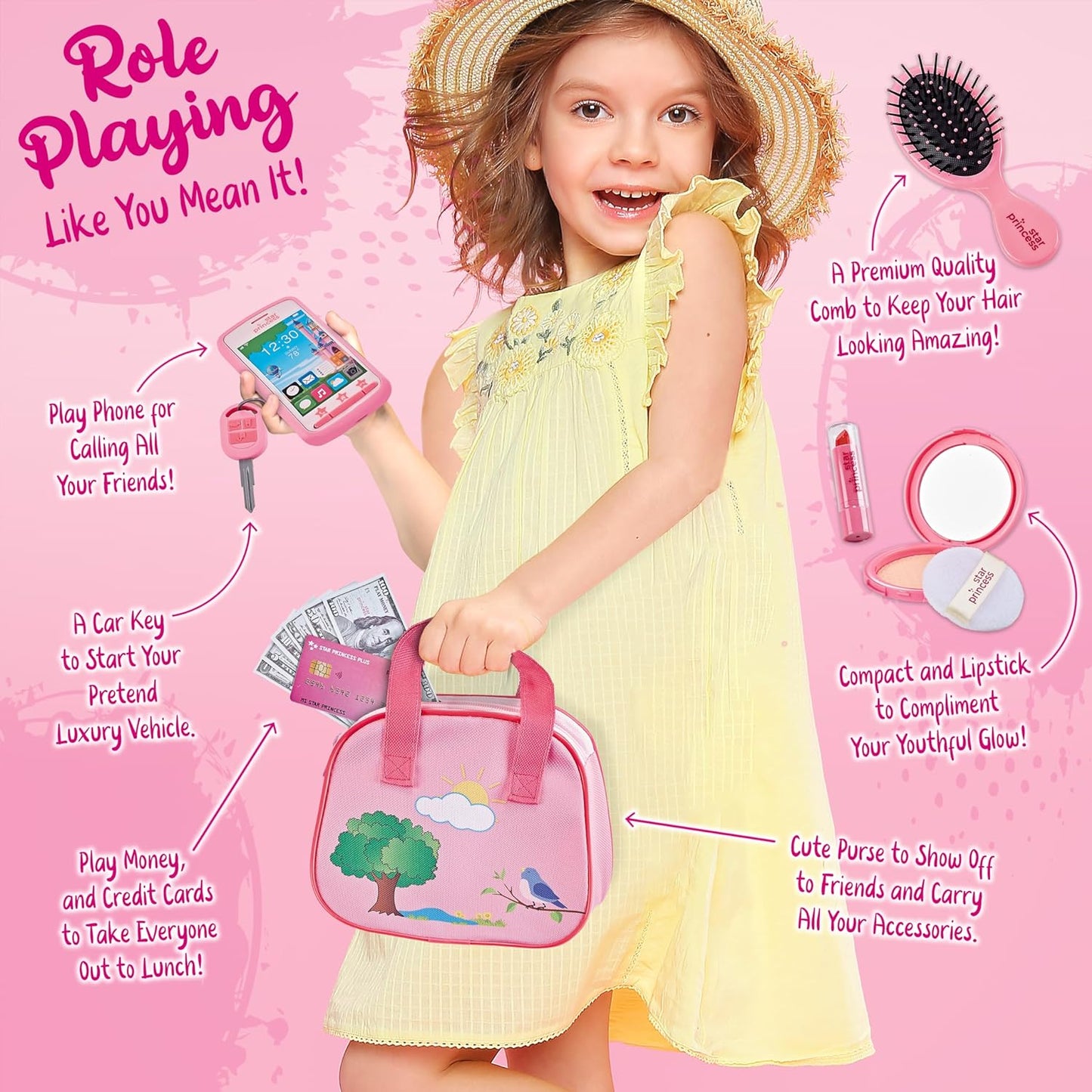 My First Pretend Purse Set Gift For Girl with Play Money and Other Accessories