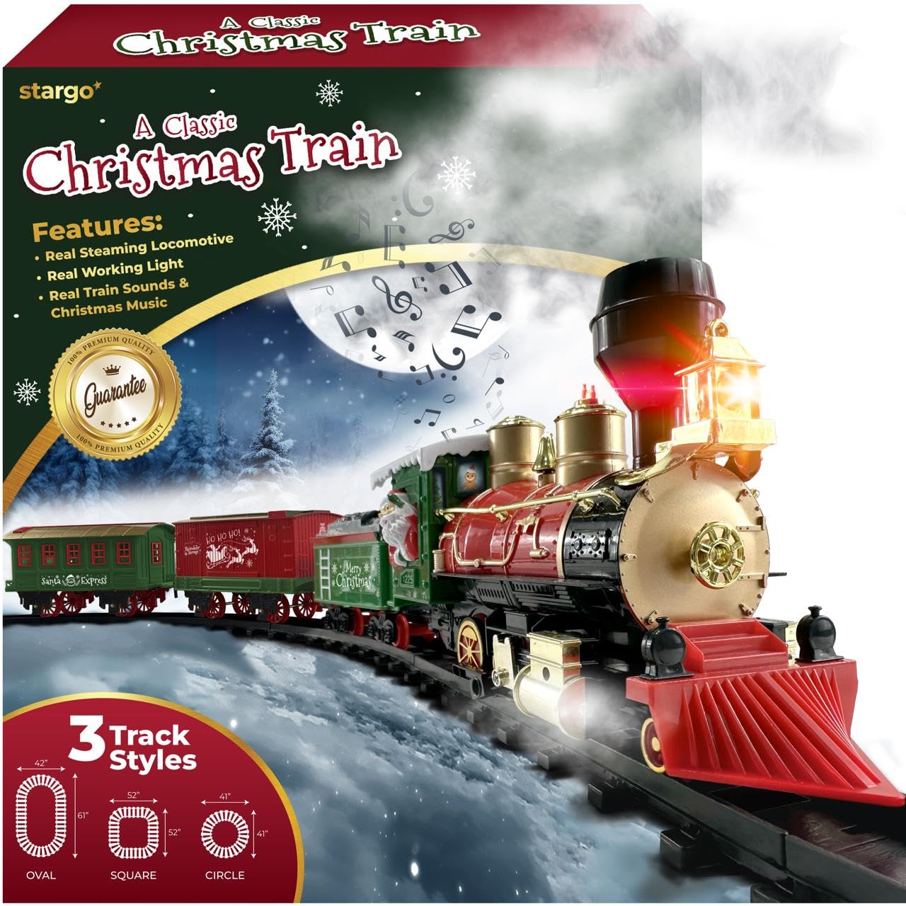 Christmas Train Set for Under The Tree with Lights, Music, Sounds and Steam ? Electric Train with On/Off Button, Santa Sleigh, Smoke, Tracks ? Perfect for Boys, Toddlers Ages 3+ Year Olds
