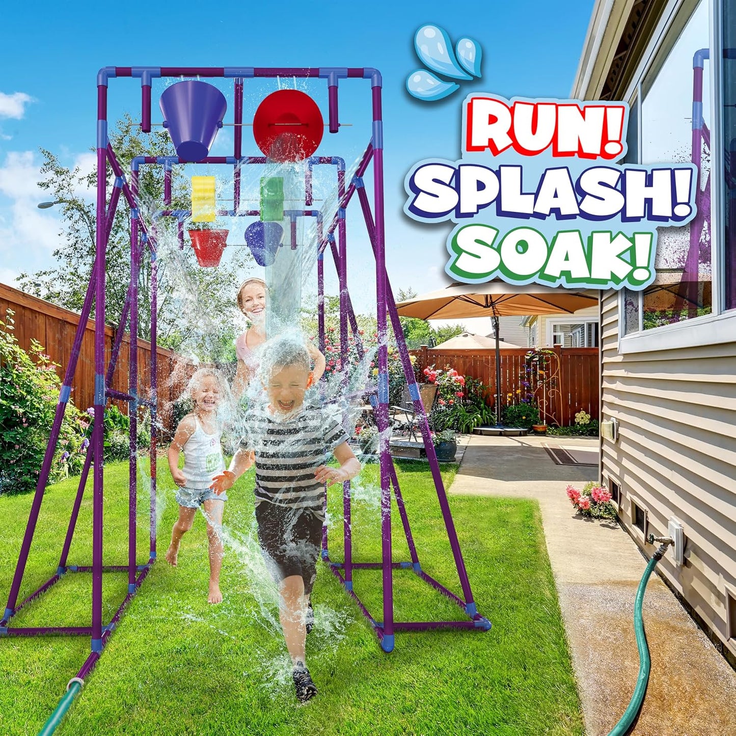 Outdoor Water Play for Kids, Backyard Waterpark Sprinkler Summer Toy, Fun Outside Play Structure for Kids with Sprinkler, Water Buckets and Splash Wheels, Family Backyard Waterpark