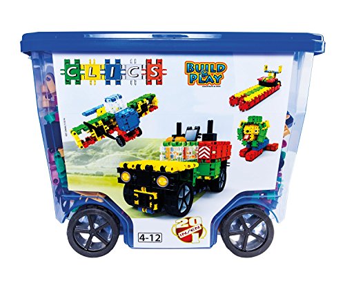 Clics Basic Set of 560 Pieces, Construction Toys for 3 Year Old, 20 in 1 rollerbox of Blocks to Learn Shapes and Colors, Educational STEM Toys. No BPA, PVC. Dishwasher Safe, Recycled Plastic.