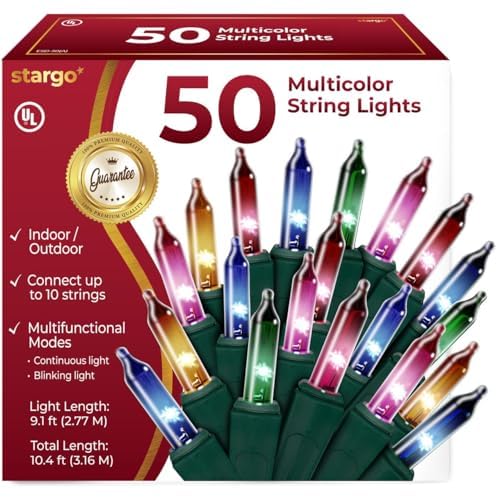 50 Incandescent String Lights Green Wire (Multicolor Bulbs )