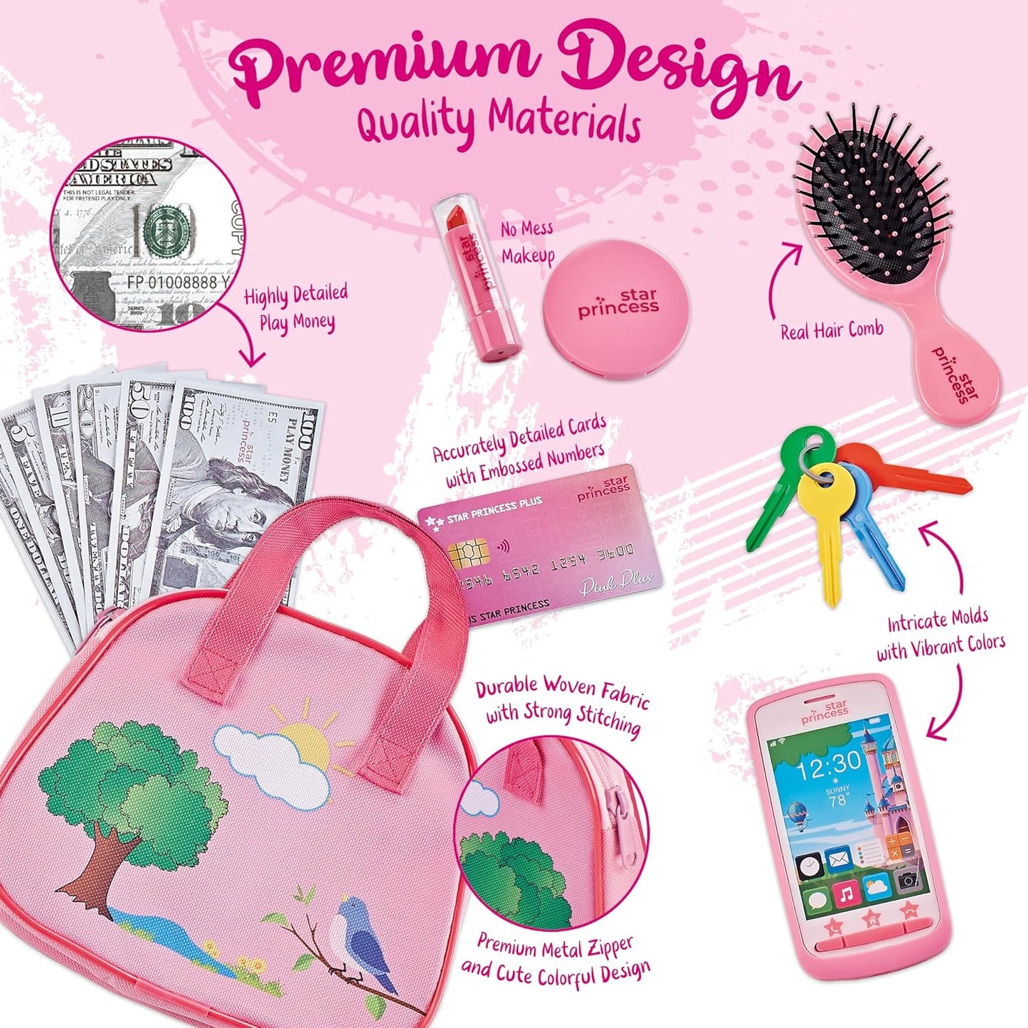 My First Pretend Purse Set Gift For Girl with Play Money and Other Accessories